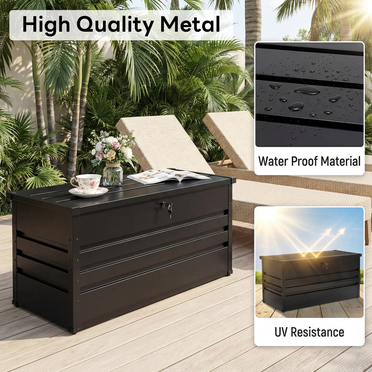 Lockable Outdoor Storage Deck Box,Multi Use as Bench or Table & Snap Together Assembly ,Weather Resistant Box for Patio and Pool Area