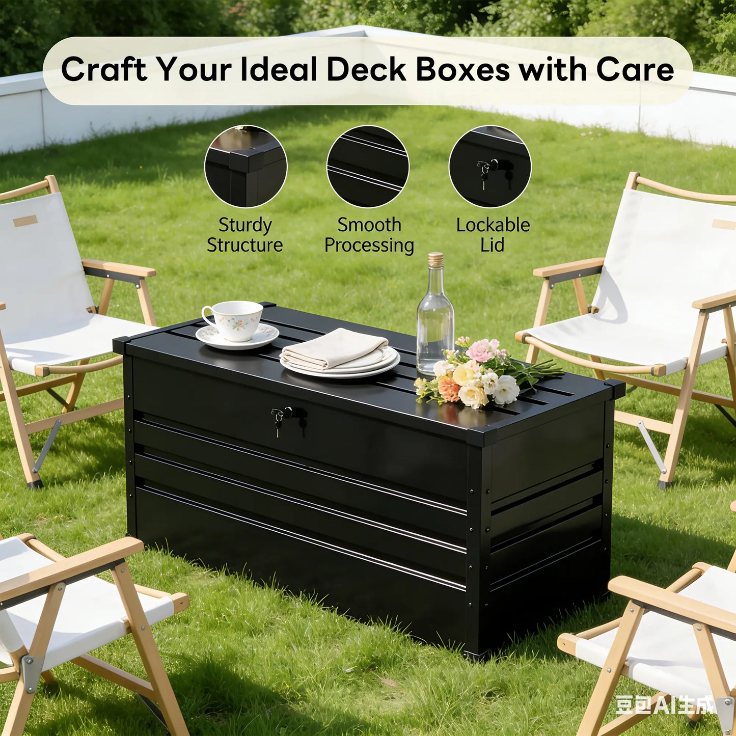 Lockable Outdoor Storage Deck Box,Multi Use as Bench or Table & Snap Together Assembly ,Weather Resistant Box for Patio and Pool Area