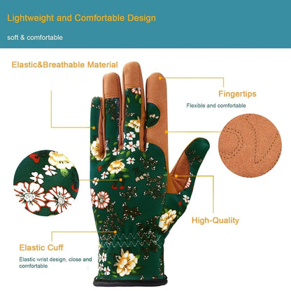 1 Pair Green Floral Gardening Gloves - Comfortable & Durable Gloves for Planting, Yard Care and More