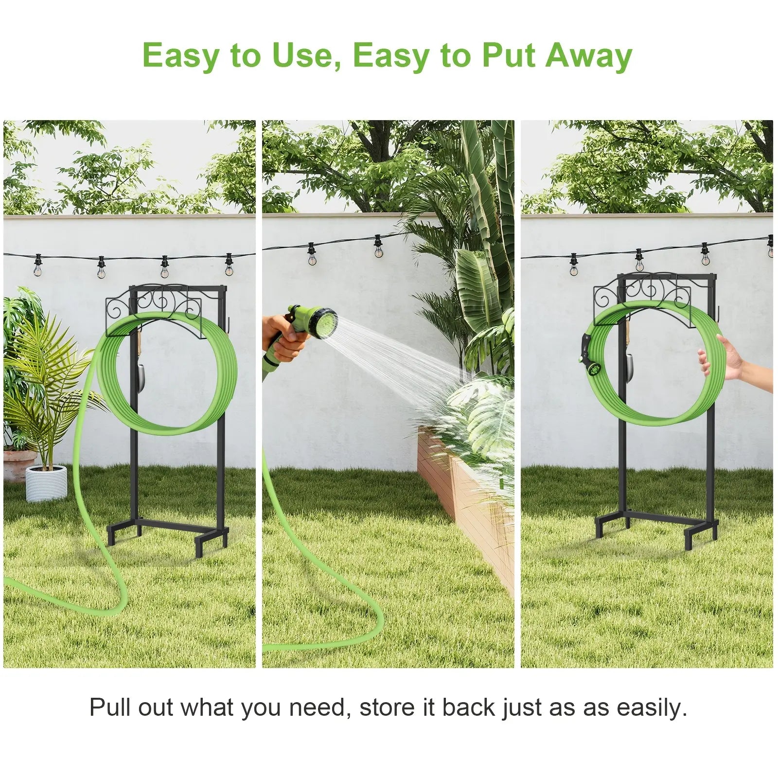 Garden Hose Holder, Water Hose Holder Stand with 4 Spikes Holds 150Ft, Heavy Duty Metal Hose Organizer, Freestanding Hose Rack for outside Yard Lawn Farm, Black