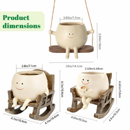 【Summervibes】1Pc/2Pcs/3Pcs Smily Face Rocking Chair Planter Pots with Drainage Hole, Cute Resin Flower Head Succulent Planters for Indoor Plants, Gift Ideai for Mother Birthday Christmas