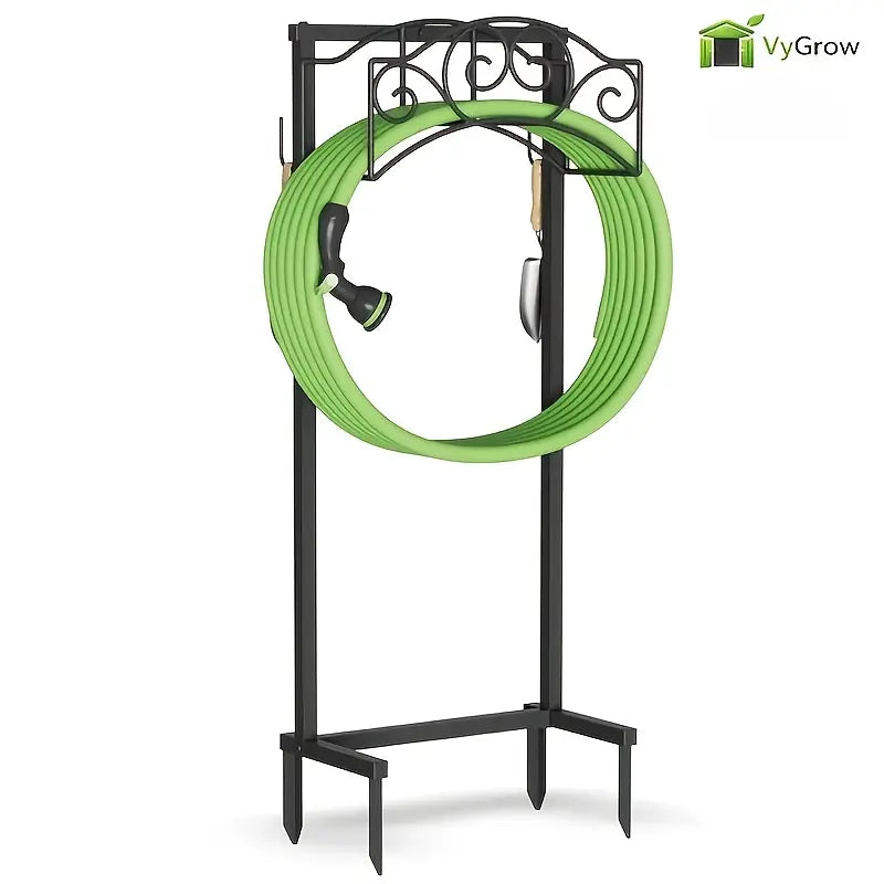 Garden Hose Holder, Water Hose Holder Stand with 4 Spikes Holds 150Ft, Heavy Duty Metal Hose Organizer, Freestanding Hose Rack for outside Yard Lawn Farm, Black