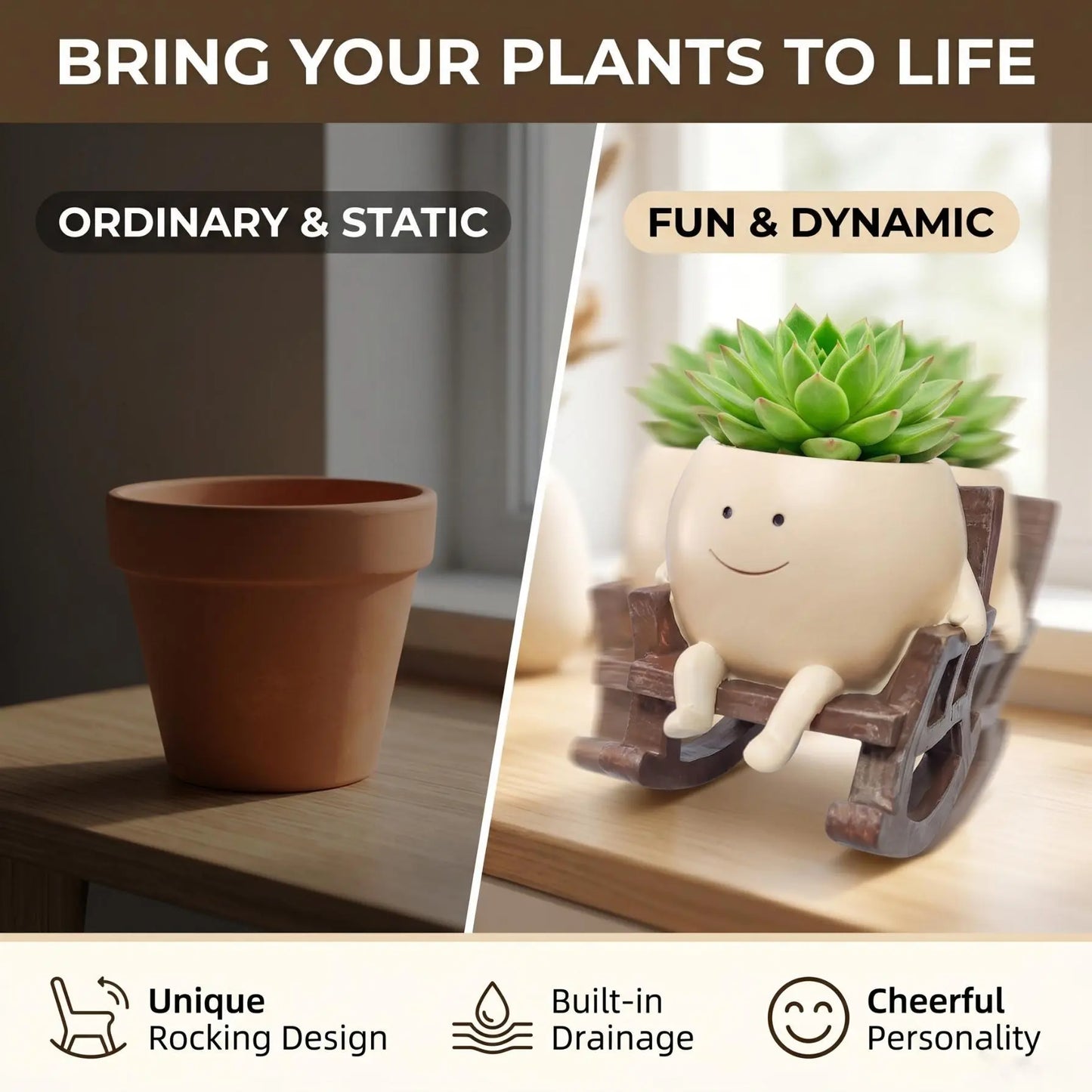 【Summervibes】1Pc/2Pcs/3Pcs Smily Face Rocking Chair Planter Pots with Drainage Hole, Cute Resin Flower Head Succulent Planters for Indoor Plants, Gift Ideai for Mother Birthday Christmas