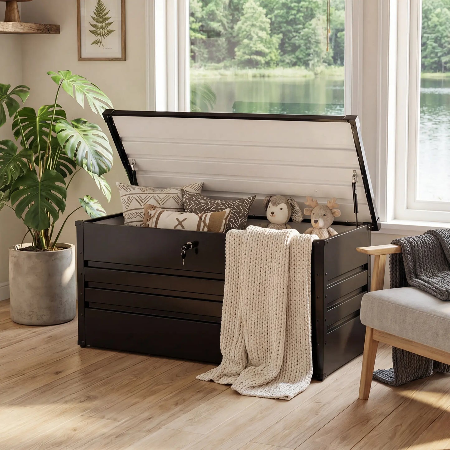 Lockable Outdoor Storage Deck Box，Multi Use as Bench or Table & Snap Together Assembly ,Weather Resistant Box for Patio and Pool Area