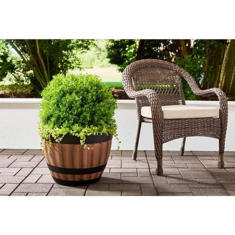 20 In. Reedley Large Kentucky Walnut Brown Resin Wine Barrel Planter (20 In. D X 14.5 In. H)
