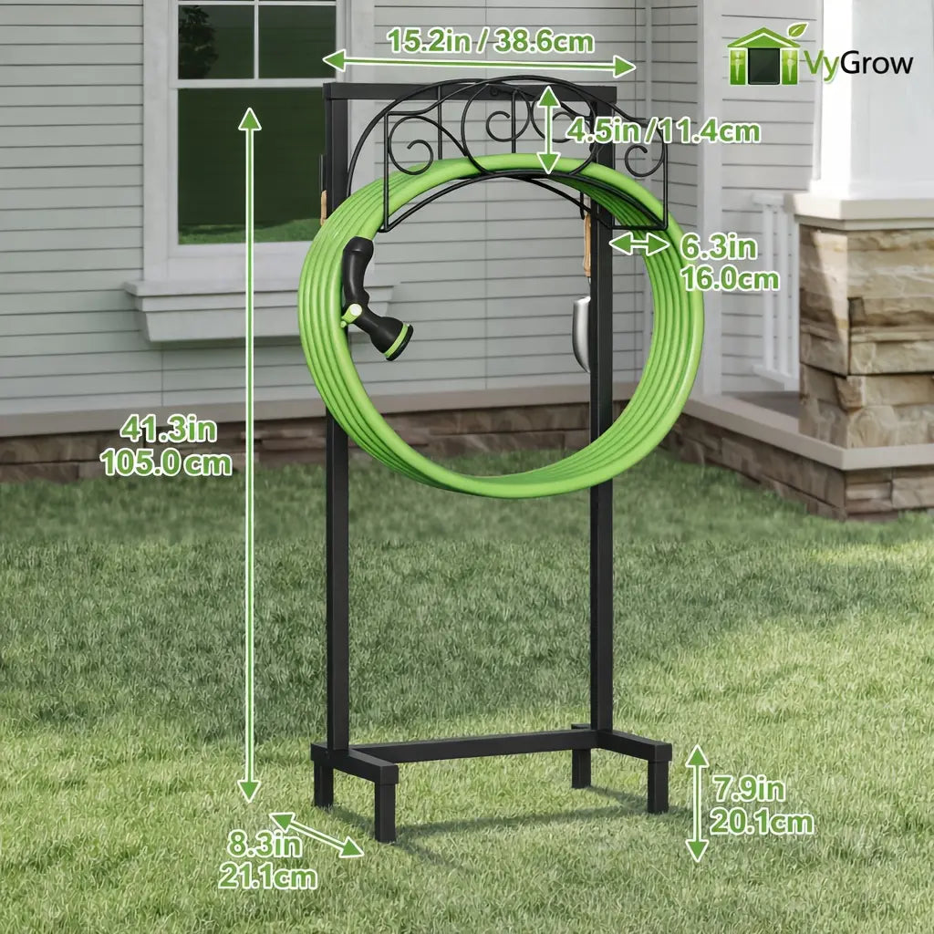 Garden Hose Holder, Water Hose Holder Stand with 4 Spikes Holds 150Ft, Heavy Duty Metal Hose Organizer, Freestanding Hose Rack for outside Yard Lawn Farm, Black