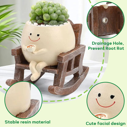 【Summervibes】1Pc/2Pcs/3Pcs Smily Face Rocking Chair Planter Pots with Drainage Hole, Cute Resin Flower Head Succulent Planters for Indoor Plants, Gift Ideai for Mother Birthday Christmas