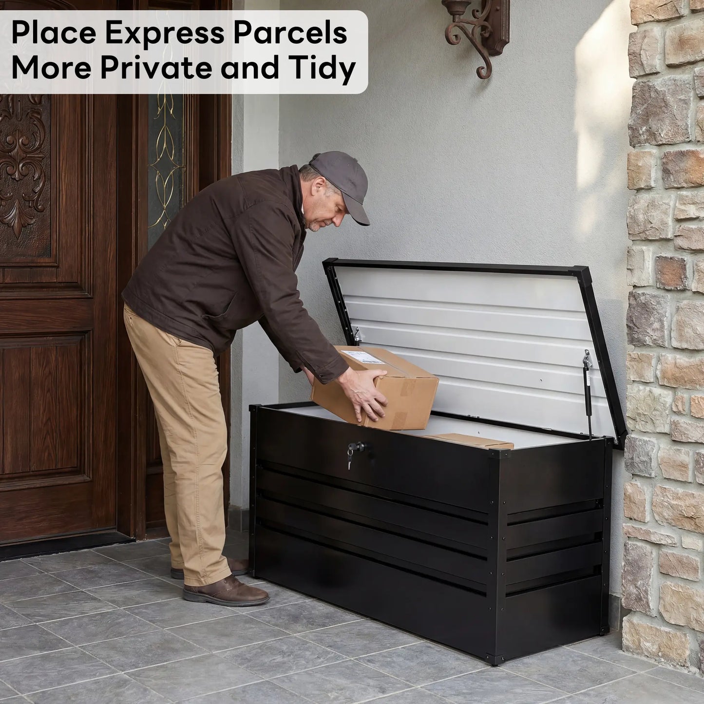 Lockable Outdoor Storage Deck Box，Multi Use as Bench or Table & Snap Together Assembly ,Weather Resistant Box for Patio and Pool Area