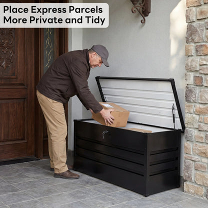Lockable Outdoor Storage Deck Box，Multi Use as Bench or Table & Snap Together Assembly ,Weather Resistant Box for Patio and Pool Area
