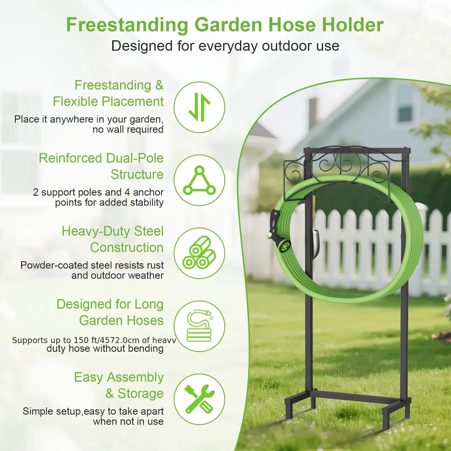 Garden Hose Holder, Water Hose Holder Stand with 4 Spikes Holds 150Ft, Heavy Duty Metal Hose Organizer, Freestanding Hose Rack for outside Yard Lawn Farm, Black