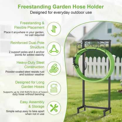 Garden Hose Holder, Water Hose Holder Stand with 4 Spikes Holds 150Ft, Heavy Duty Metal Hose Organizer, Freestanding Hose Rack for outside Yard Lawn Farm, Black