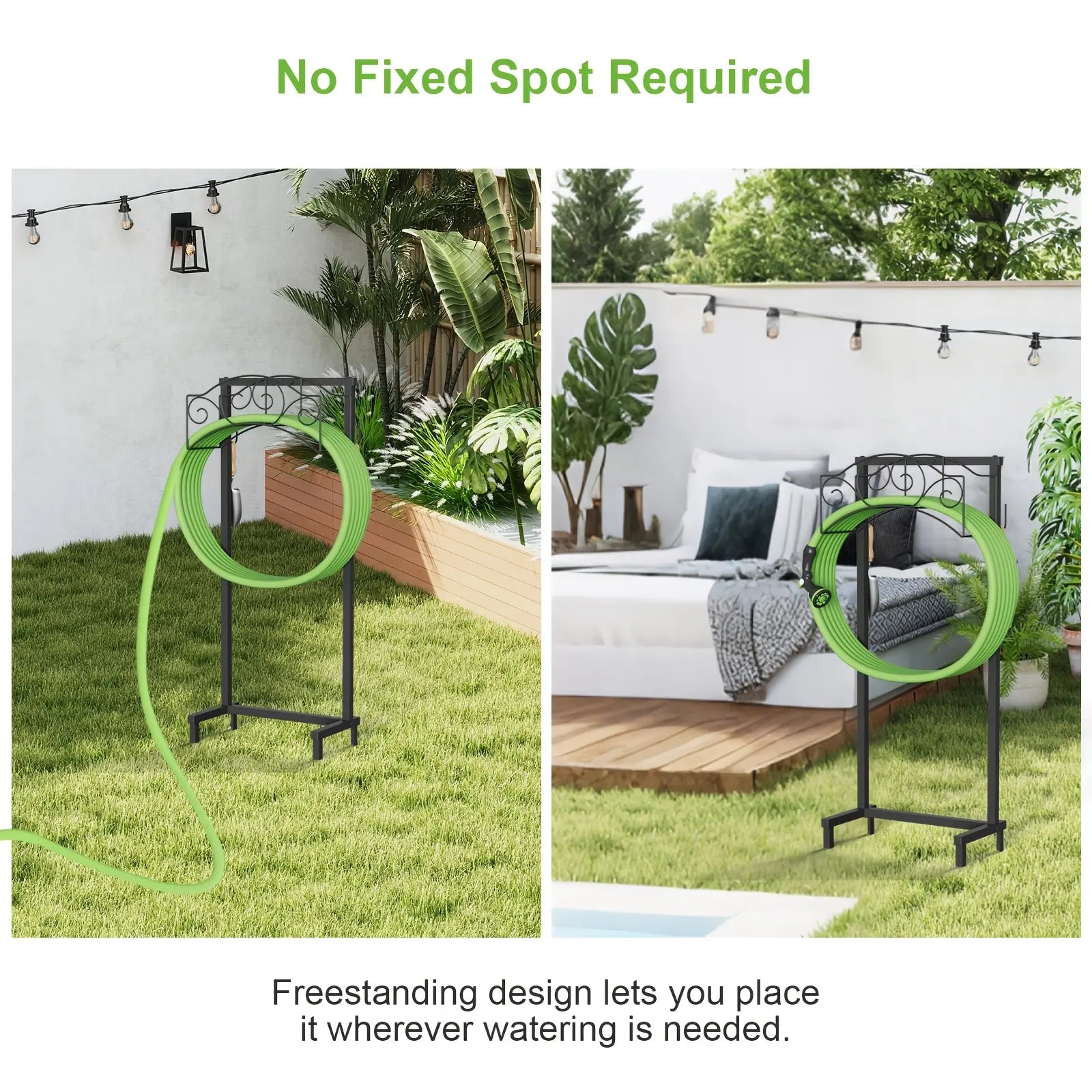 Garden Hose Holder, Water Hose Holder Stand with 4 Spikes Holds 150Ft, Heavy Duty Metal Hose Organizer, Freestanding Hose Rack for outside Yard Lawn Farm, Black