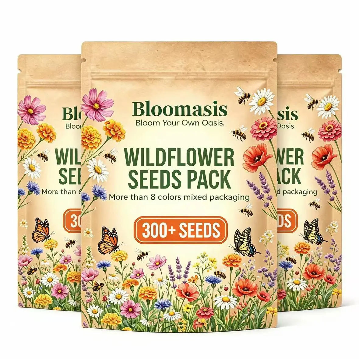 Bloomasis Premium Wildflower Seed Mix - 300+ Easy-To-Grow Outdoor Ornamental Modern Flowers Seeds - Attracts Pollinators - Low Maintenance Grow Flowers for Home Backyard, Balcony Planters, Instant Meadow