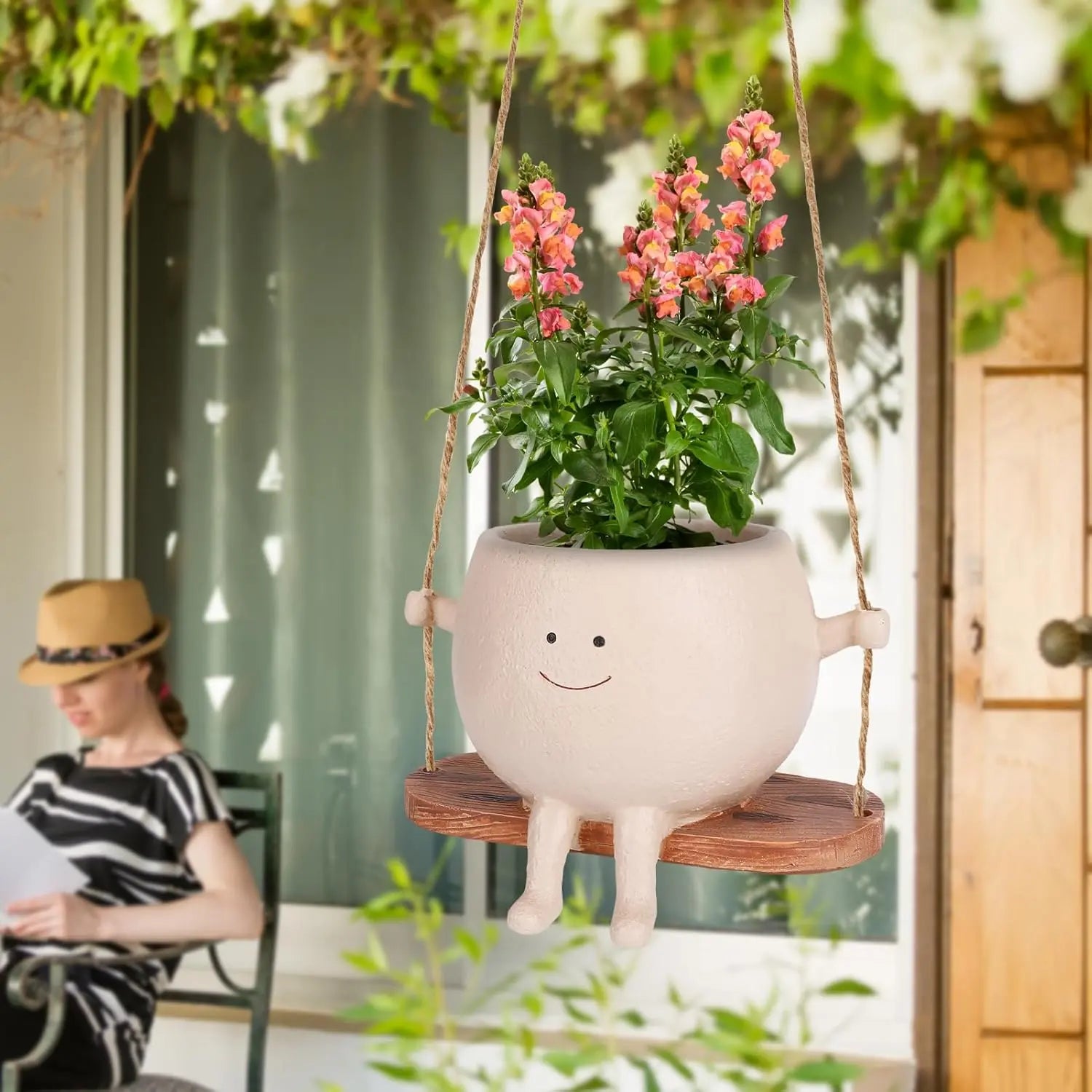 【Summervibes】1Pc/2Pcs/3Pcs Smily Face Rocking Chair Planter Pots with Drainage Hole, Cute Resin Flower Head Succulent Planters for Indoor Plants, Gift Ideai for Mother Birthday Christmas