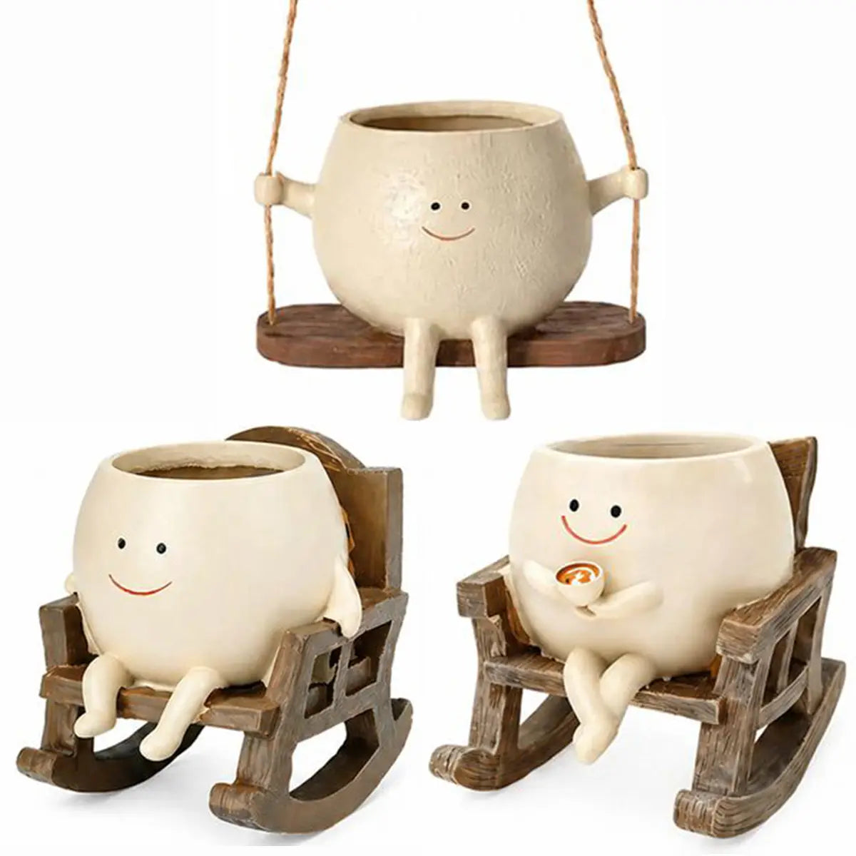 【Summervibes】1Pc/2Pcs/3Pcs Smily Face Rocking Chair Planter Pots with Drainage Hole, Cute Resin Flower Head Succulent Planters for Indoor Plants, Gift Ideai for Mother Birthday Christmas
