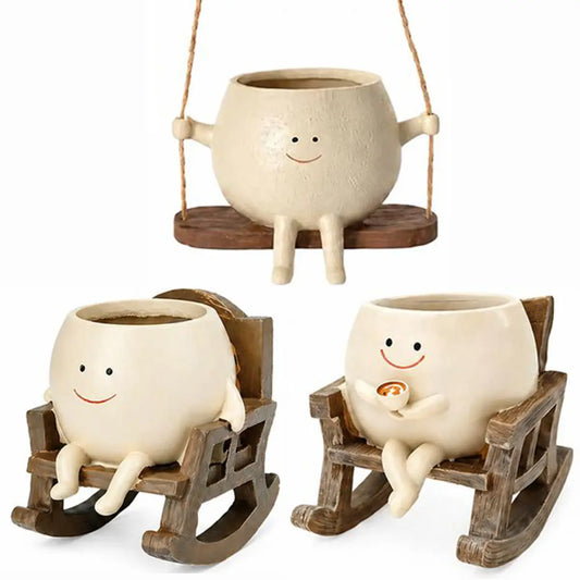 【Summervibes】1Pc/2Pcs/3Pcs Smily Face Rocking Chair Planter Pots with Drainage Hole, Cute Resin Flower Head Succulent Planters for Indoor Plants, Gift Ideai for Mother Birthday Christmas