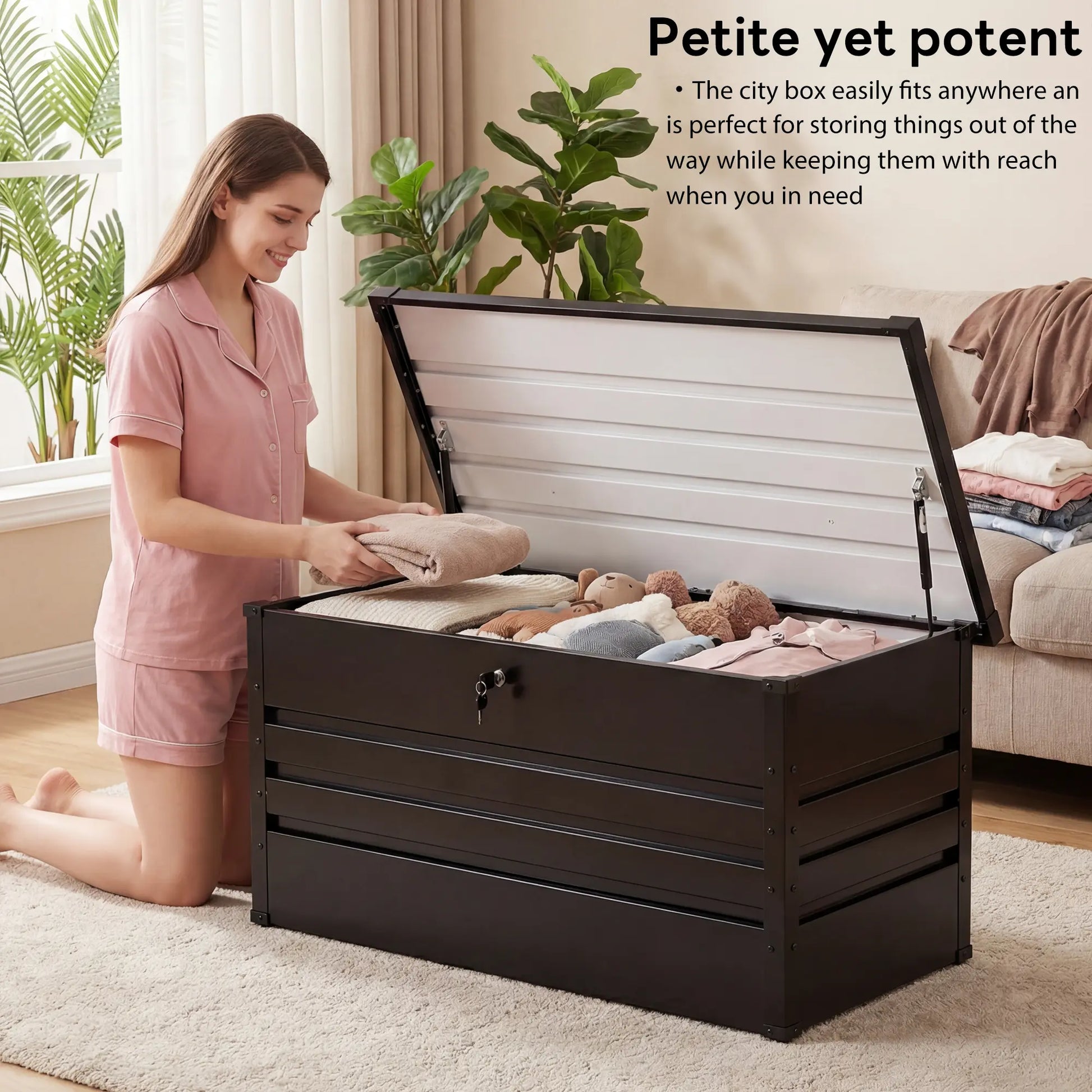 Lockable Outdoor Storage Deck Box，Multi Use as Bench or Table & Snap Together Assembly ,Weather Resistant Box for Patio and Pool Area