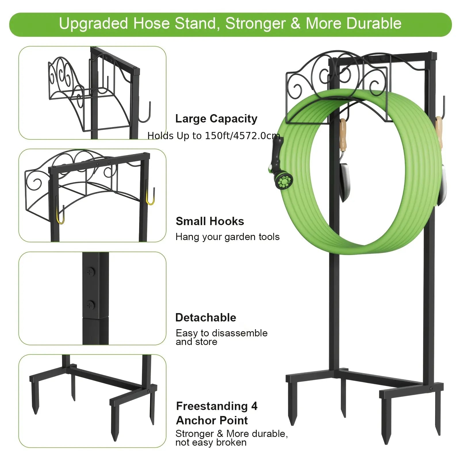 Garden Hose Holder, Water Hose Holder Stand with 4 Spikes Holds 150Ft, Heavy Duty Metal Hose Organizer, Freestanding Hose Rack for outside Yard Lawn Farm, Black