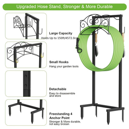 Garden Hose Holder, Water Hose Holder Stand with 4 Spikes Holds 150Ft, Heavy Duty Metal Hose Organizer, Freestanding Hose Rack for outside Yard Lawn Farm, Black