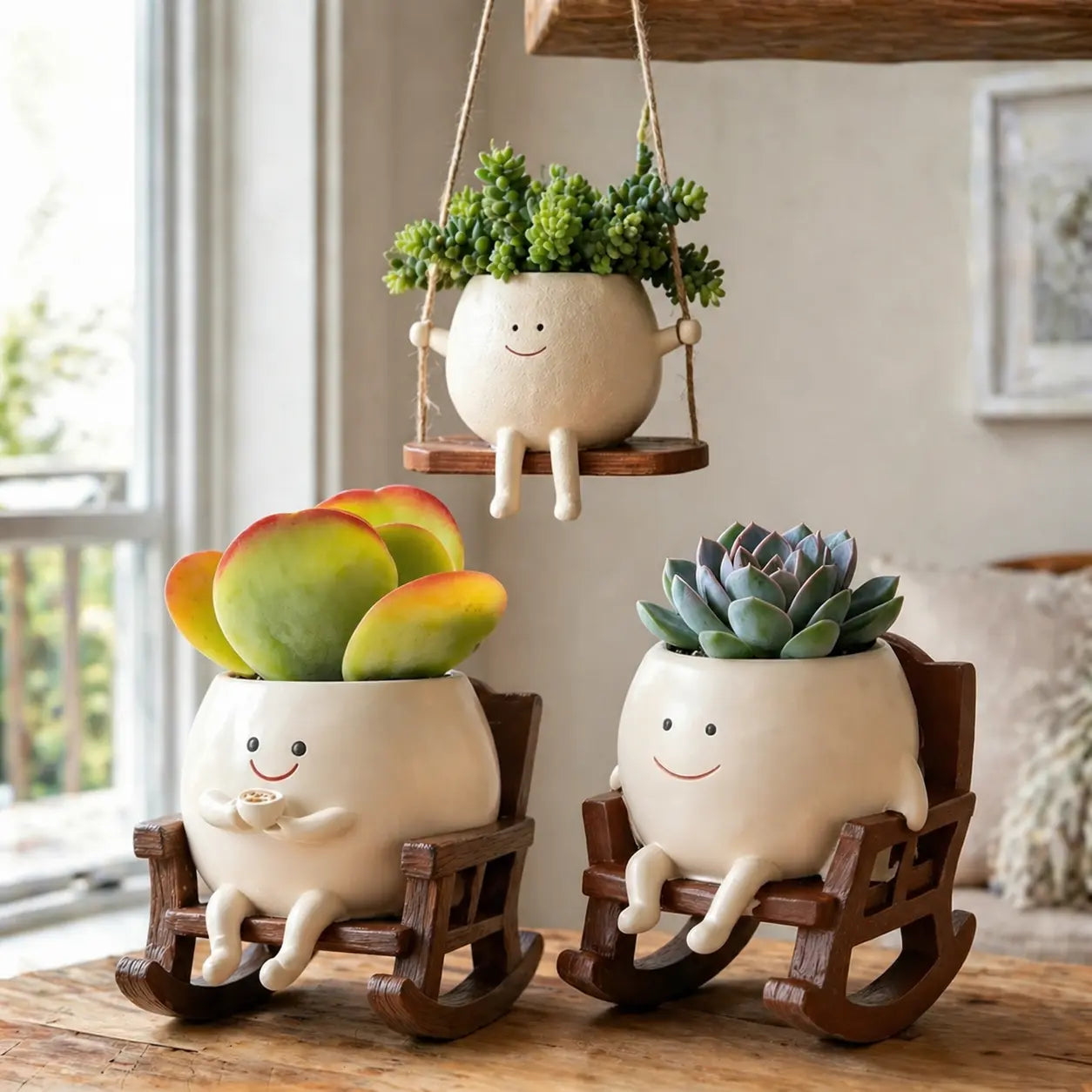 【Summervibes】1Pc/2Pcs/3Pcs Smily Face Rocking Chair Planter Pots with Drainage Hole, Cute Resin Flower Head Succulent Planters for Indoor Plants, Gift Ideai for Mother Birthday Christmas