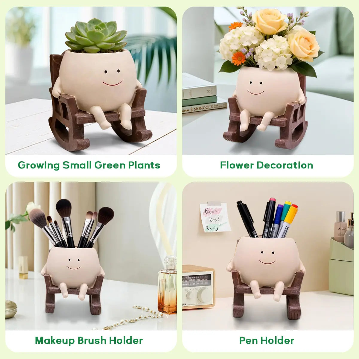 【Summervibes】1Pc/2Pcs/3Pcs Smily Face Rocking Chair Planter Pots with Drainage Hole, Cute Resin Flower Head Succulent Planters for Indoor Plants, Gift Ideai for Mother Birthday Christmas