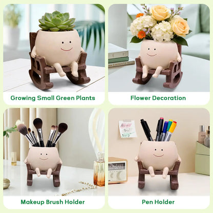 【Summervibes】1Pc/2Pcs/3Pcs Smily Face Rocking Chair Planter Pots with Drainage Hole, Cute Resin Flower Head Succulent Planters for Indoor Plants, Gift Ideai for Mother Birthday Christmas