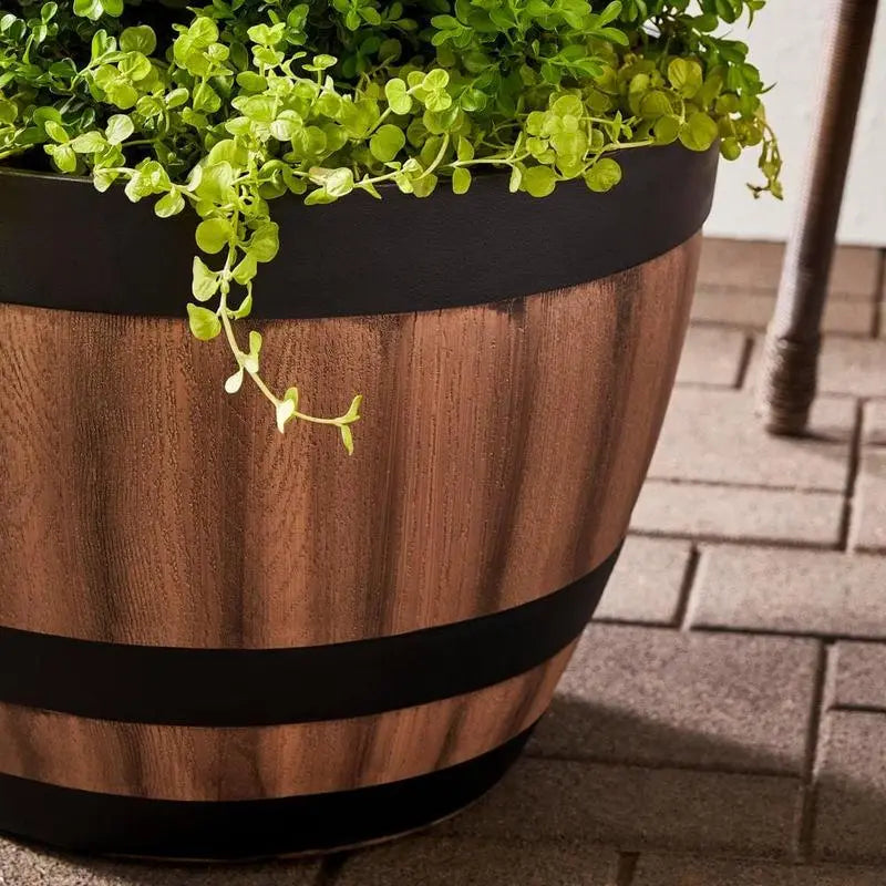 20 In. Reedley Large Kentucky Walnut Brown Resin Wine Barrel Planter (20 In. D X 14.5 In. H)