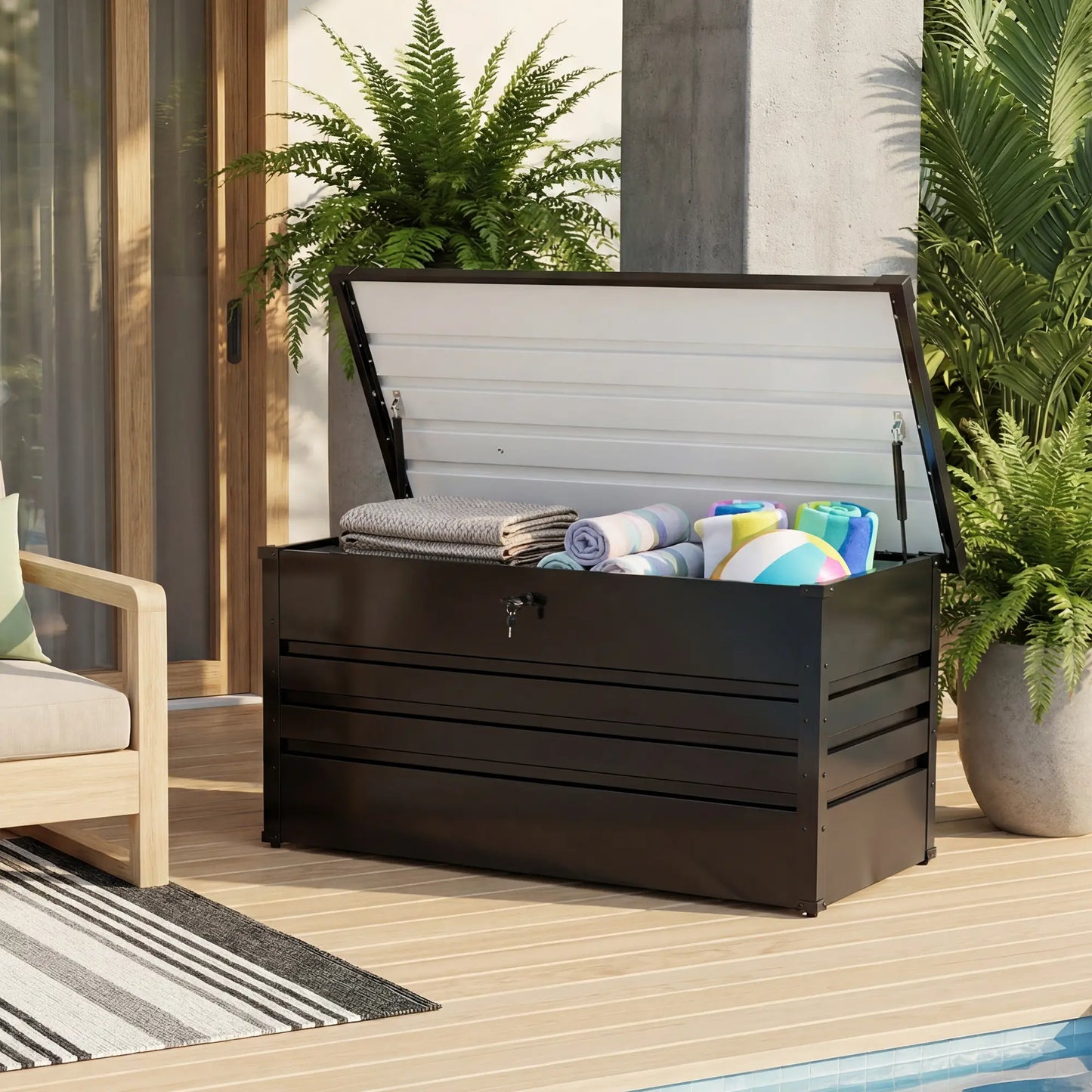 Lockable Outdoor Storage Deck Box，Multi Use as Bench or Table & Snap Together Assembly ,Weather Resistant Box for Patio and Pool Area