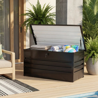 Lockable Outdoor Storage Deck Box，Multi Use as Bench or Table & Snap Together Assembly ,Weather Resistant Box for Patio and Pool Area