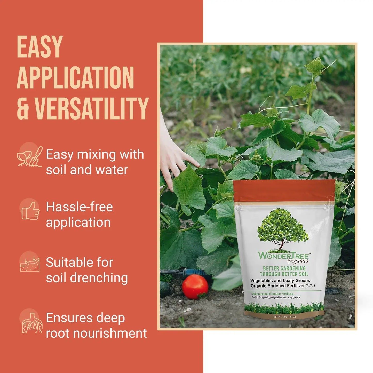 Wondertree Organics Vegetable & Leafy Green Fertilizer 7-7-7 (4 Lb) – Organic Plant Food, Balanced Nutrient Soil Enhancer, Granular Feed for Garden Vegetables, Herbs & Indoor Outdoor Plants