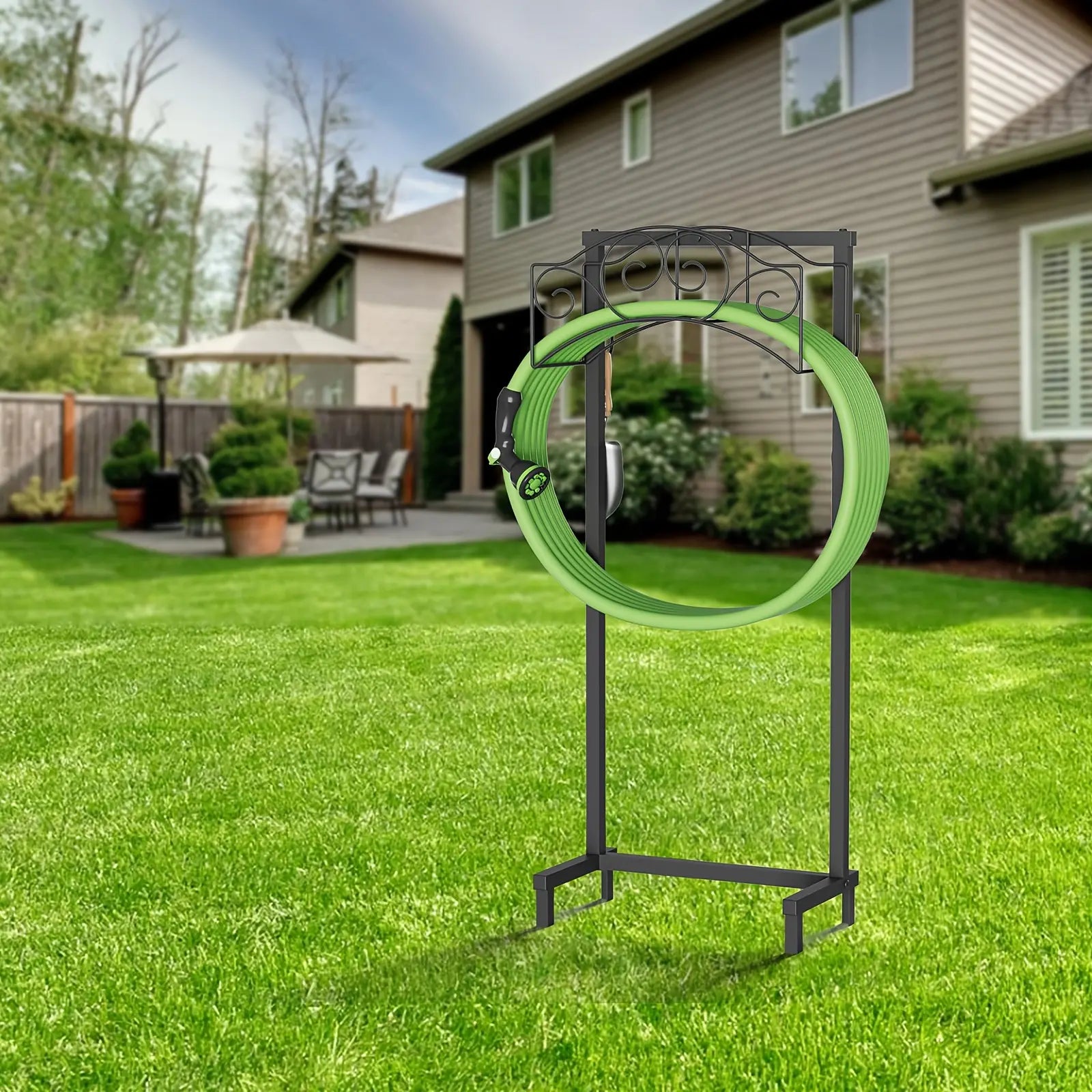 Garden Hose Holder, Water Hose Holder Stand with 4 Spikes Holds 150Ft, Heavy Duty Metal Hose Organizer, Freestanding Hose Rack for outside Yard Lawn Farm, Black