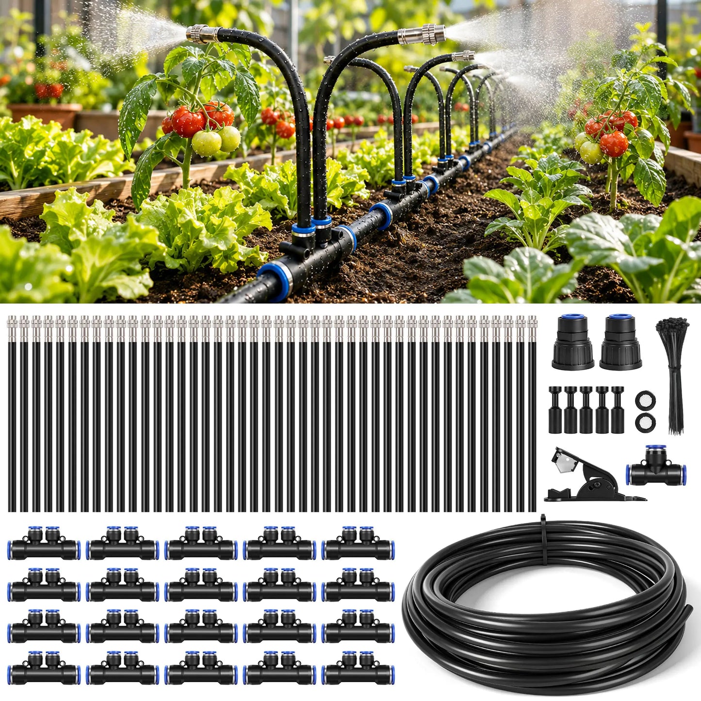 50FT/75FT/100FT Dual Spray Head Drip Irrigation System | 30 Adjustable Copper Nozzles | 12Mm Large Flow Automatic Watering Kit for Garden, Lawn, Greenhouse, Yard & Potted Plants,,Summervibes