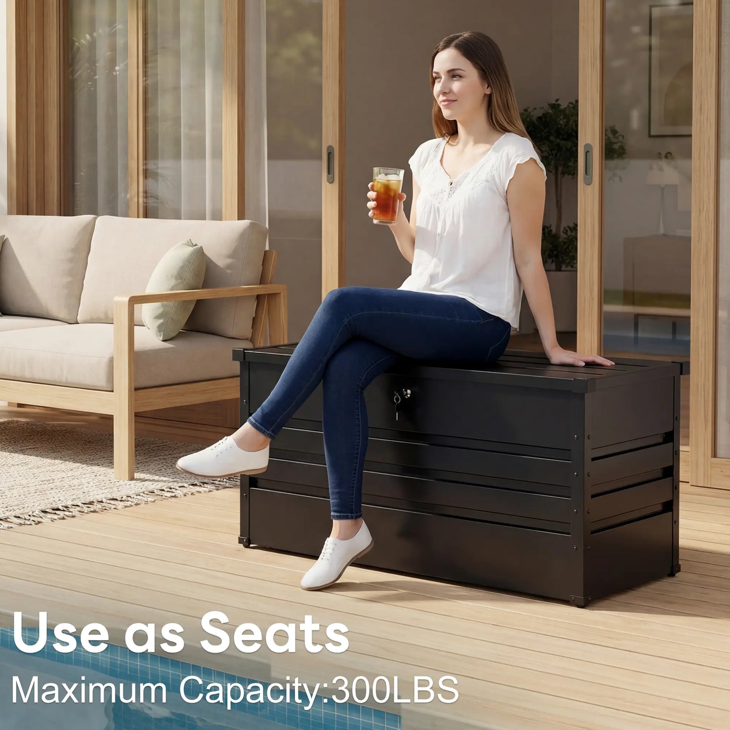 Lockable Outdoor Storage Deck Box，Multi Use as Bench or Table & Snap Together Assembly ,Weather Resistant Box for Patio and Pool Area