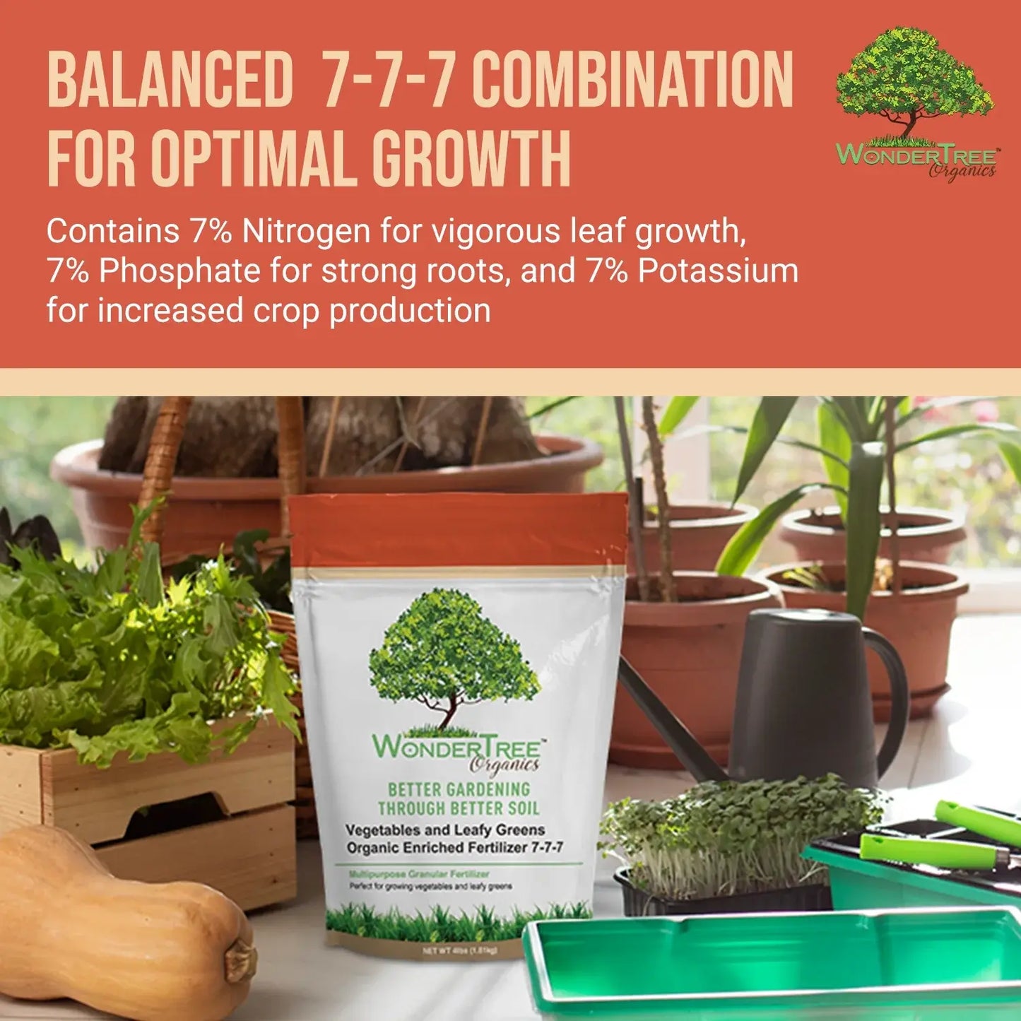 Wondertree Organics Vegetable & Leafy Green Fertilizer 7-7-7 (4 Lb) – Organic Plant Food, Balanced Nutrient Soil Enhancer, Granular Feed for Garden Vegetables, Herbs & Indoor Outdoor Plants