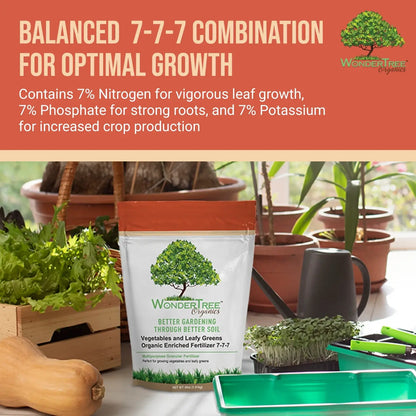 Wondertree Organics Vegetable & Leafy Green Fertilizer 7-7-7 (4 Lb) – Organic Plant Food, Balanced Nutrient Soil Enhancer, Granular Feed for Garden Vegetables, Herbs & Indoor Outdoor Plants